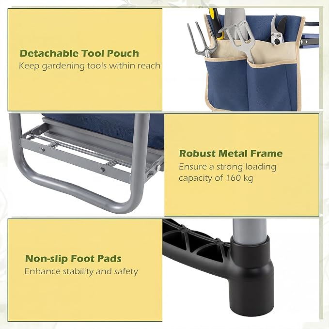 Goplus Foldable Garden Kneeler and Seat, 11" Wide 2-in-1 Gardening Bench, Detachable Thick EVA Foam Pad, 350 lbs Heavy-Duty Metal Frame, Tool Pouch, Portable Stool, Gardening Kit for Seniors (Blue)