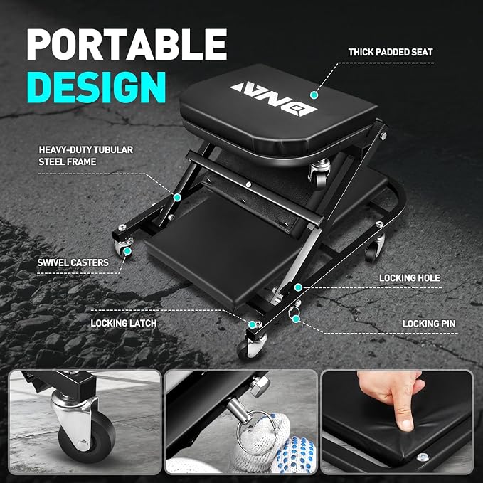 DNA Motoring 40 Inches Folding 2 in 1 Rolling Z Creeper, Adjustable Roller Garage Chair Lay Down or Sit, 6 Pcs 2" Casters, 150kg Weight Capacity, Black, TOOLS-00494