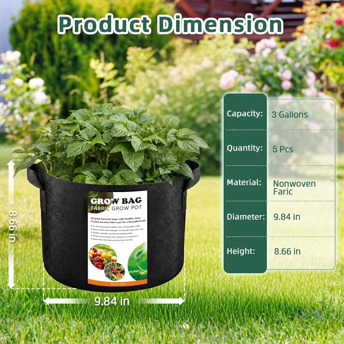 5 Pack 3 Gallon Fabric Grow Bags, Heavy Duty 300G Thickened Aeration Nonwoven Fabric Garden Pots with Handles, Planting Bag for Tomato, Potato, Strawberry, Vegetable, Fruits and Flowers