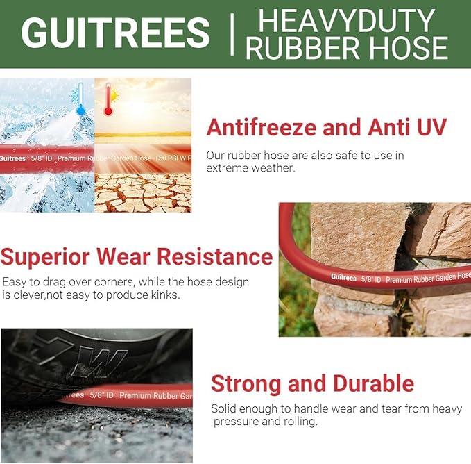Guitrees 25FT 3/4 Heavy Duty Rubber Garden Hose - 300psi Working, 1000psi Burst - Hot/Cold Water - Five-Layered Braiding for Durability - Versatile for Gardening, Agriculture, Construction(Red)