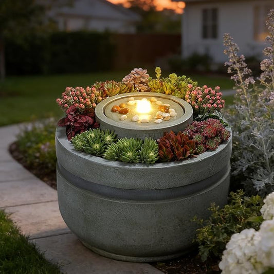 18" H Water Fountain Outdoor Bubbler Water Feature Outdoor with Lights and Built-in Planter Zen Garden Water Fountains for Patio Porch Deck Backyard Home Decor