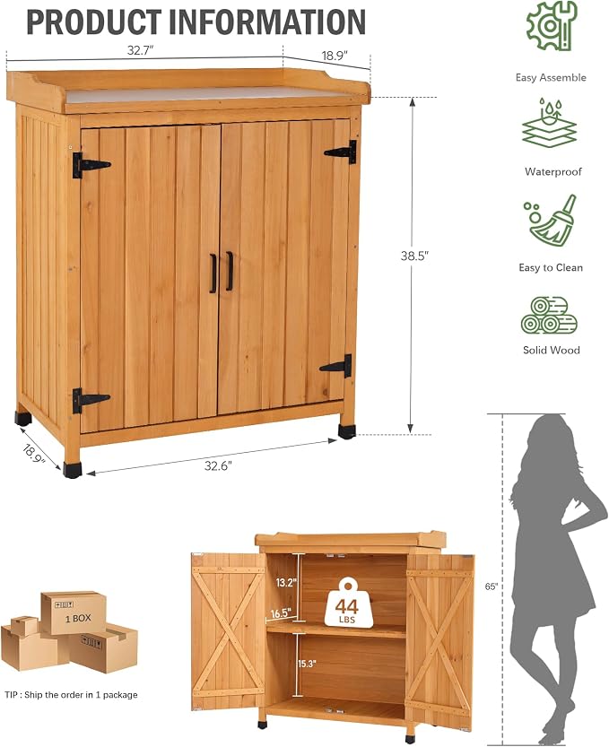Outdoor Storage Cabinet with Metal Work Top|Waterproof Wooden Potting Bench|Spacious Patio Cabinet with Raised Side Rail for Garden Tools, Backyard,Lawn Gardening|Wood Outdoor Cabinet
