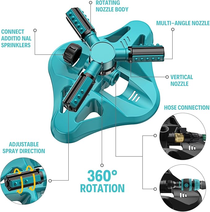 Lawn Sprinkler - Upgraded Automatic 360 Degree Rotating Irrigation System for Garden and Grass - 2 Pack Blue Garden Hose Sprinklers With 36 Built-in Units