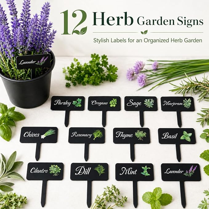 12pc Herb Garden Signs - 12 Styles Plant Labels with Names for Vegetables, Indoor/Outdoor Garden Decoration
