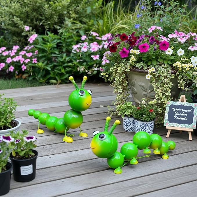 Cruis Cuka Metal Caterpillar Statue Yard Art Garden Decor for Outside Patio Lawn Ornaments Fence Decorations Gift for Family,Friends,Garden Lovers - Set of 2(Green)