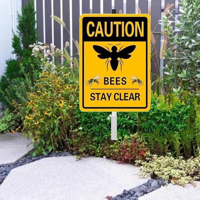 caution bees stay clear Yard Sign with Stakes(8 * 12in),Sturdy Aluminum Signs Rust Free,Honey Bee Decorations Hive Rules Signs,bee habitat signs