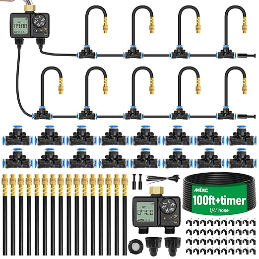 MIXC Drip Irrigation System with Timer,1/4" 100Ft Automatic Garden Watering Kit with 16pcs 360°Adjustable Brass Nozzles & Bendable Rod,for Outdoor Plants,Lawn,Raised Bed,Potted Plant,Yard,Greenhouse