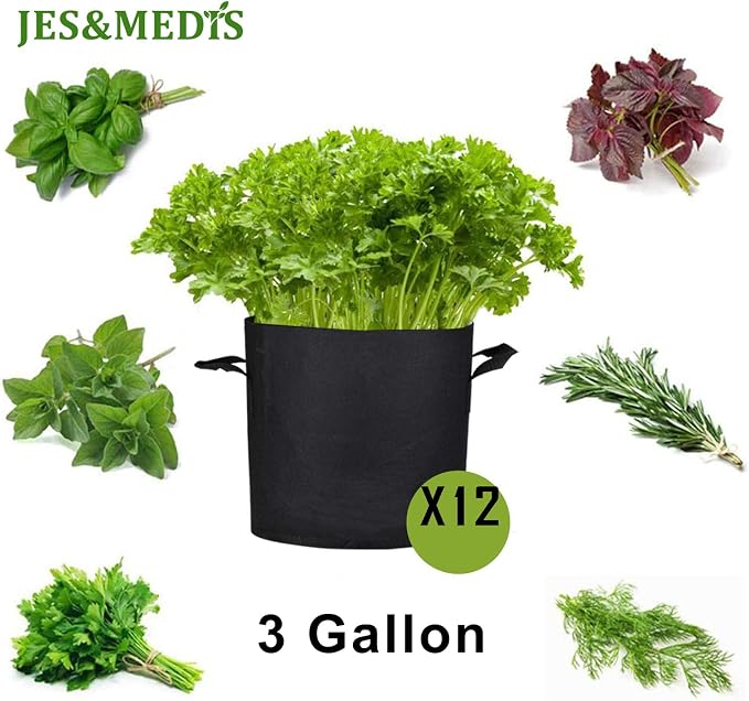 JES&MEDIS 12-Pack 3 Gallon Plant Grow Bags Thick Aeration Non Woven Fabric Flower Vegetable Pots with Handles Garden Container Black (3 Gallon_12 Pack)