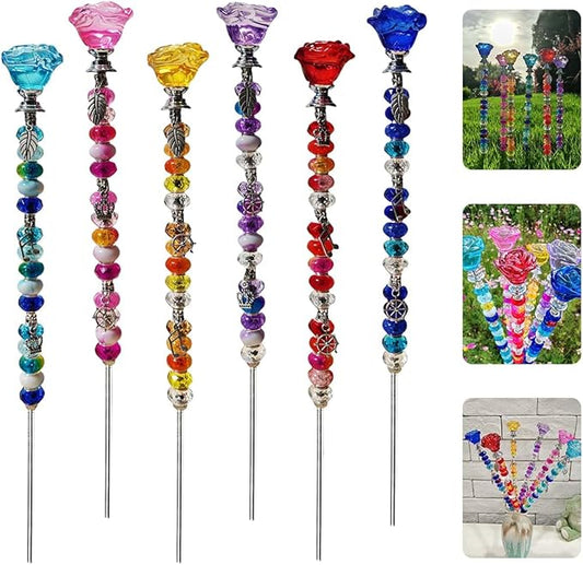 140Pcs DIY Fairy Wand Beaded Garden Stakes Kit Fairy Wands Kit for Different Festivals Fairy Garden Accessories Outdoor Fairy Garden Stakes Decorative (Rose)