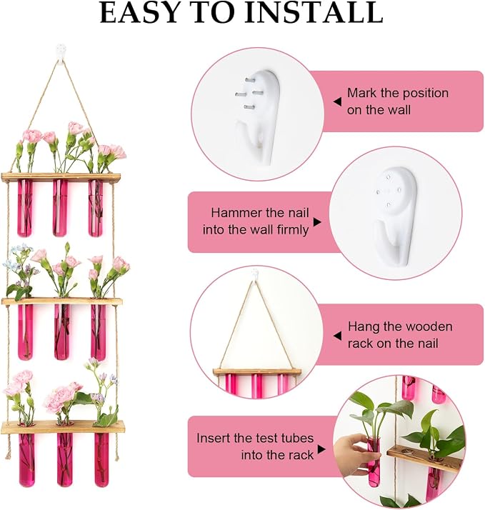 XXXFLOWER Wall Hanging Propagation Station with Wooden Stand 9 Test Tubes Vases Tiers Planters Wall Terrarium for Home Office Plant Hanger Flower Vases Wall Decor Hydroponic Cuttings(Pink)