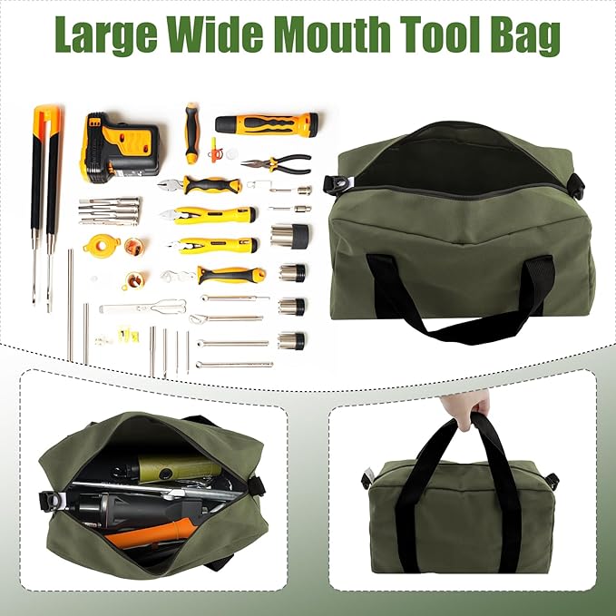 Small Tool Bag,Close Top Wide Mouth Tool Organizer Bag,Large Capacity Tool Bags for Men,Canvas Tool Storage Bag for Storage Handbag for Screwdrivers,Wrench,Pliers Hand Tools (Army Green, 14 Inch)
