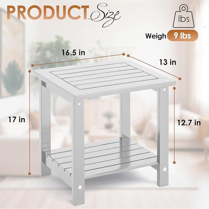 2-Tier Adirondack Outdoor Side Table, 16.6" Acacia Weather-Resistant End Table with Shelf for Patio, Garden, Lawn, Living Room (White)