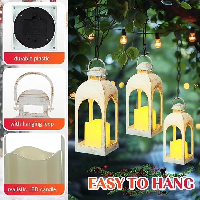 Tujoe 6 Pcs 10 Inch Decorative Candle Lantern Bulk for Wedding Centerpieces Lanterns with LED Flameless Candle Indoor Outdoor Hanging Lights for Wedding Party, Battery Included (White)