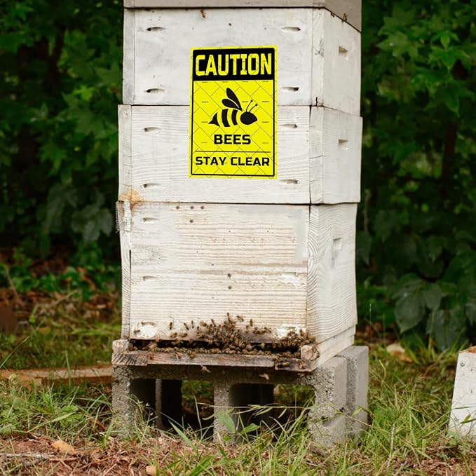 EMOHAT Caution Bees Stay Clear Metal Tin Sign, Farmhouse Retro Wall Decor for Outdoor Bees Premises,16x12 Inch Funny Warning Sign for Farm Cafe People Cave