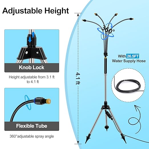 Misters for Outside Patio, Adjustable 4.1FT Standing Misting Cooling System with 26.2FT (8M) Water Supply Line， Outdoor Water Mist Hose for Cooling Backyard Garden Pool Tanning BBQ Kids Playing