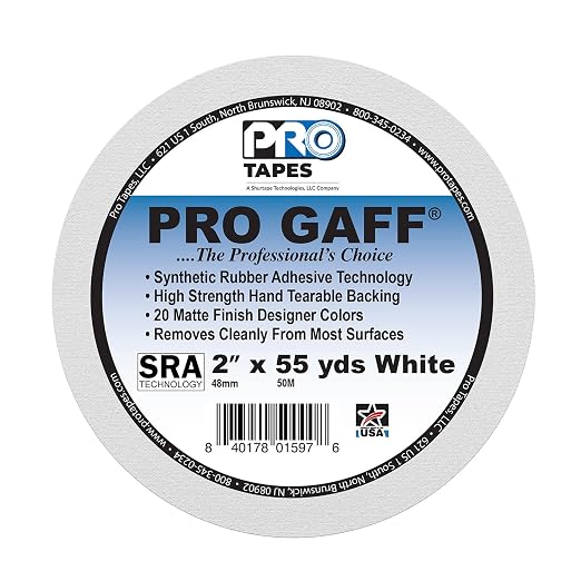 ProTapes Pro Gaff Premium Matte Cloth Gaffer's Tape With Rubber Adhesive, 11 mils Thick, 55 yds Length, 2" Width, White (Pack of 1)