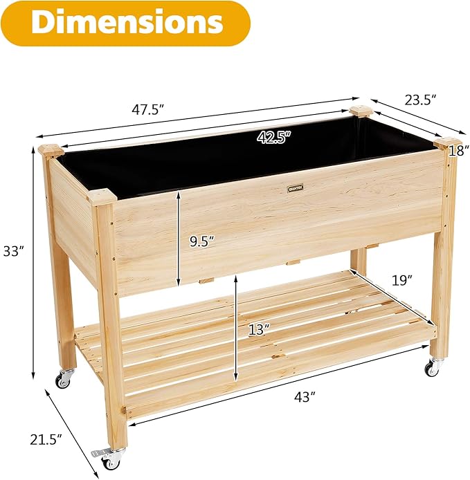 Giantex Raised Garden Bed on Wheels, Wood Planter Box with Legs, Liner, Drain Holes, Elevated Garden Bed for Vegetables, Standing Garden Container for Backyard, Patio, 47.5" LX 23.5" WX 33" H