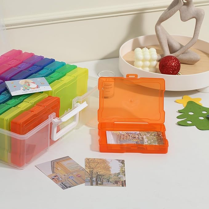 PCA Photo Storage Box 4" x 6" Cases With Handle - 16 Inner Keeper, Large Organizer, Plastic Craft Case for Stickers, Stamps, Jigsaw, Vegetable Seeds