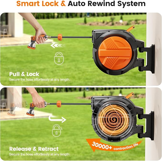 Retractable Garden Hose Reel 5/8” x 100ft, Auto Rewind Hose Reels for Outside, Heavy-Duty Wall-Mounted Outdoor Hose, 10-Mode Nozzle, Adjustable Length, 180° Rotation for Watering, Car Washing