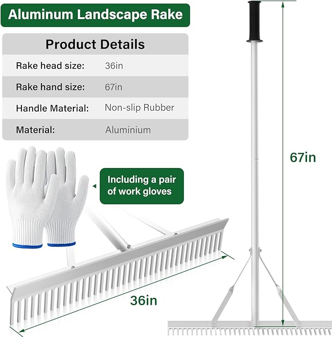 Aluminum Landscape Rake,Landscape Rake 36",Leaf Rake Tool for Loosening Soil,Lawn Care,Weeding Lake,Garden,Pond,Beach Landscaping(36" Head X 67" Handle)