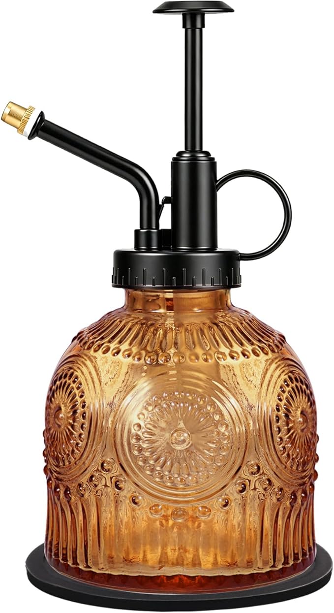 Amolliar Glass Plant Mister Spray Bottle, Vintage Refillable Leak Proof Watering Can for Indoor Plants, Houseplants, Gardening, Cleaning, Hair & Pet Care with Mist Nozzle (Brown-Black Pump)