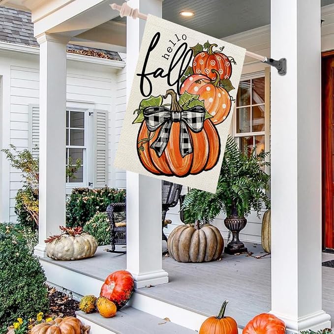CROWNED BEAUTY Fall Welcome Pumpkins House Flag for Outside 28x40 Inch | Weather resistant, double-sided Large yard flag. Features three pumpkins for outdoor seasonal fall decor