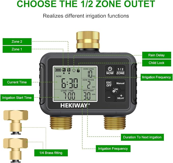 Dual Outlet Water Timer for Garden Hose with 2 Brass Connectors, Programmable Irrigation Controller with Rain Delay & Child Lock for Lawn, Yard, Drip Irrigation, Greenhouse