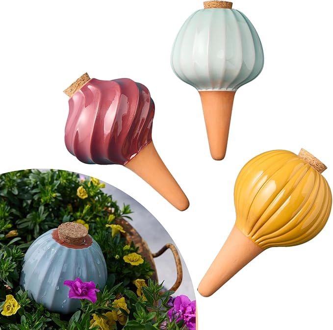 Modern Sprout Terracotta Self-Watering Bulbs for Indoor Plants,10oz Watering Globes 3 Pack, Glazed Finish with Cork Top - Plum, Sage & Mustard, Decorative Plant Accessories, Father's Day Gift for Dad