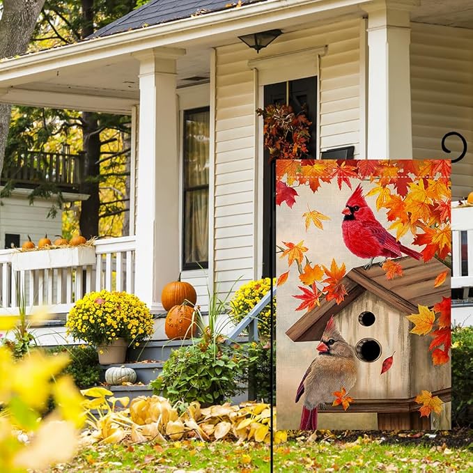 BLKWHT Fall Cardinal Bird Garden Flag 12x18 Vertical Double Sided Maple Leaves Welcome Autumn Thanksgiving Holiday Outside Decorations Burlap Yard Flag BW829