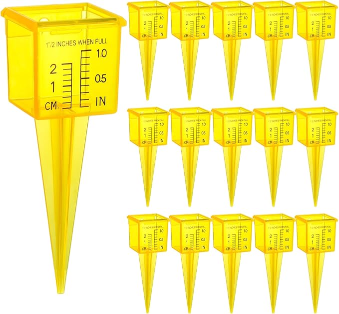 Okllen 15 Pack Rain Gauge, 1.5" Sprinkler Gauge with Wide Mouth, Outdoor Water Measuring Tool for Lawn, Garden, Yard, Bright Yellow, Transparent, Zero is 1/4" from The Bottom