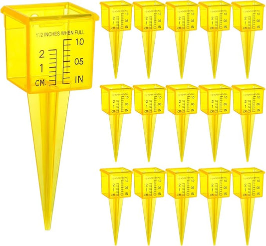 Okllen 15 Pack Rain Gauge, 1.5" Sprinkler Gauge with Wide Mouth, Outdoor Water Measuring Tool for Lawn, Garden, Yard, Bright Yellow, Transparent, Zero is 1/4" from The Bottom