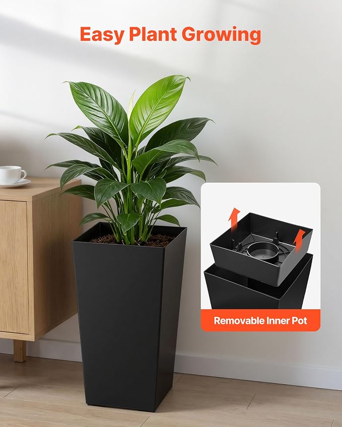 VEVOR Set of 2 Tall Planters for Outdoor Plants 22 inch, Black Tall Planter for Indoor Plants, Modern Planters for Front Porch Patio Balcony, Plant Container Flower Pots