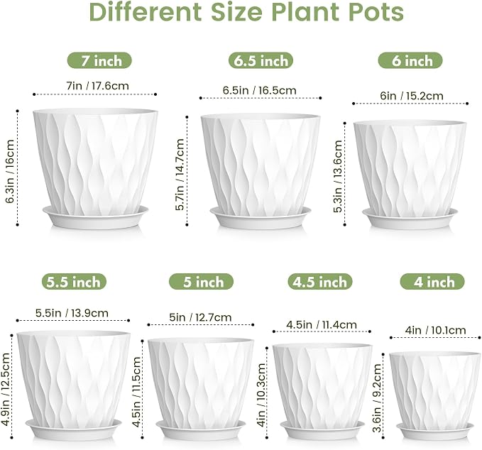 Meowell 7/6.5/6/5.5/5/4.5/4 inch Plant Pots for Indoor Outdoor Plants, 7 Pack Thick Flower Pots with Drainage Holes and Saucers, Modern Wave Texture Plastic Planter Pots for Nursery, Succulent, White