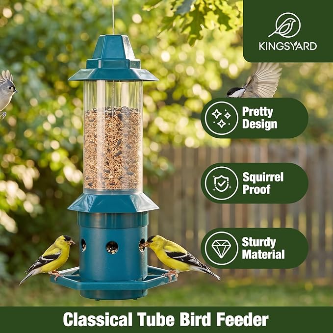 Kingsyard Squirrel-Proof Bird Feeder with Adjustable Weight-Activated Perch, Wild Bird Feeders for Outdoors Hanging, Weatherproof & 4 lb Large Seed Capacity, Dark Green