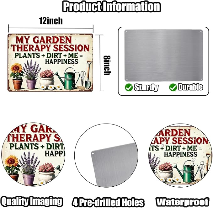 Funny Garden Signs "Plants + Dirt + Me = Happiness" Metal Sign Gift for Gardeners,8x12 Inch Vintage Decor for She Shed, Patio, Yard & Indoor Wall FFXQCTFF(3003)