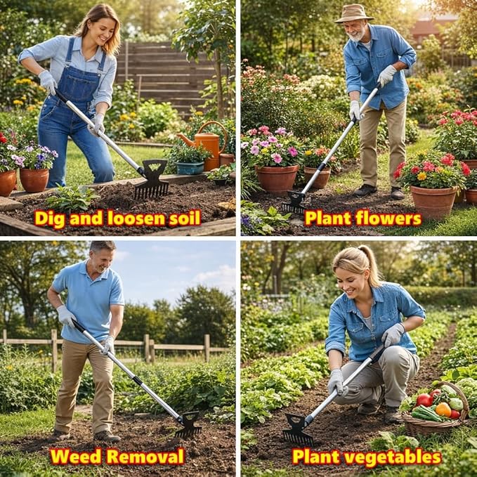 Weed Puller Tool with 61" Long Handle, 2-in-1 Garden Hoe & Weed Rake, Heavy Duty Manual Weeder for Yard, Lawn, Patio and Garden