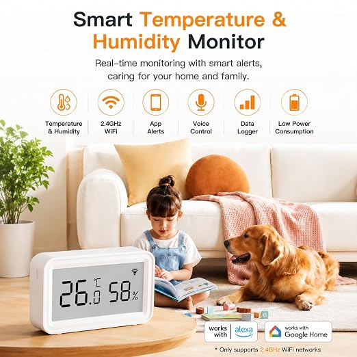 Smart WiFi Temperature Humidity Sensor: Wireless Hygrometer Thermometer with LCD Display, Calibratable, App Alert Notification, Data Logger, Indoor Thermometer for Home Greenhouse Reptile (1-Pack)