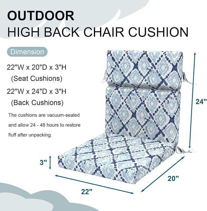 DYTXIII Outdoor High Back Chair Cushions Set of 2, 44"x22" Water Repellent Patio Seat Cushions with Elastic Sponge, All Weather Chair Pads for Rocking, Dining Chairs,Patio Furniture - Geometry Blue
