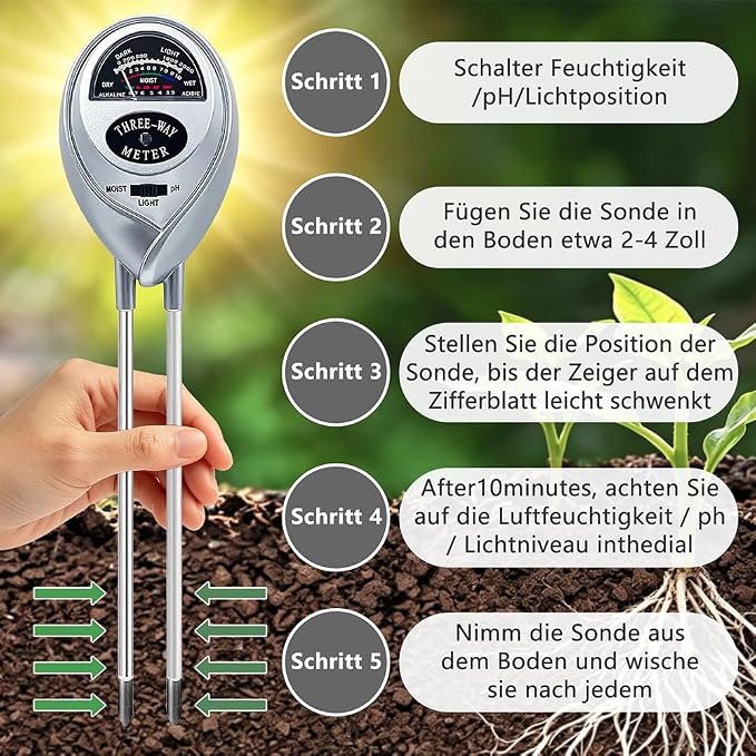 3 in 1 Soil Tester Soil Moisture Fertility pH Tester Soil Test Soil Moisture Meter for Garden Care Lawn Agriculture No Batteries Required