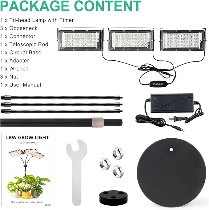 LBW Grow Light for Indoor Plant,Full Spectrum Tri-Head Desk Plant Light,Grow Lamp with 3H/6H/12H Timer,6-Level Brightness,3 Lighting Mode,Height Adjustable,Flexible Gooseneck,Ideal for Indoor Growth