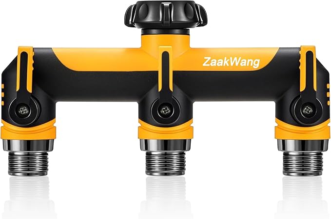Garden Hose Splitter, 3 Way Hose Splitter, Heavy Duty Water Hose Bib Spigot Splitter, Outdoor Faucet Splitter with Shutoff Valve, T Adapter Connector with 3/4 - Inch GHT Thread (Yellow)