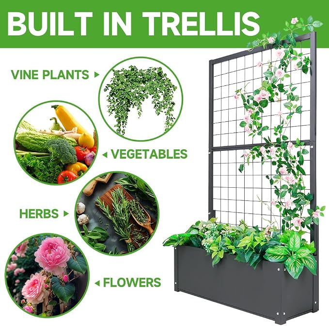 Garden Bed with Trellis Outdoor, Metal, 59in Tall | Metal Frame, 59in Tall Trellis for Climbing Plants, 12in Deep Planter, Drainage Holes, Privacy Screen, Garden Bed for Patio