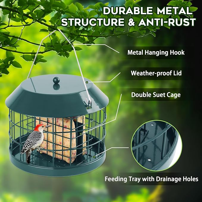 Gbekery Caged Suet Bird Feeder for Outdoors Hanging, Squirrel Proof Double Suet Feeder for Small Birds, Metal Cage with Detachable Hook, Large Space, Outdoors Weatherproof, Green