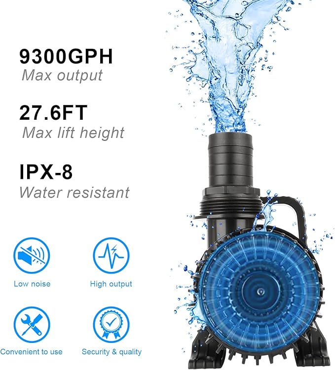 OYO WATER High Flow Submersible Water Pump, 9300 GPH 620W Waterfall Pump for Ponds & Outdoor Features, 32.8FT Power Cord, Quiet & Powerful Pond Filter Pump for Koi Pond, with Barrier Bag