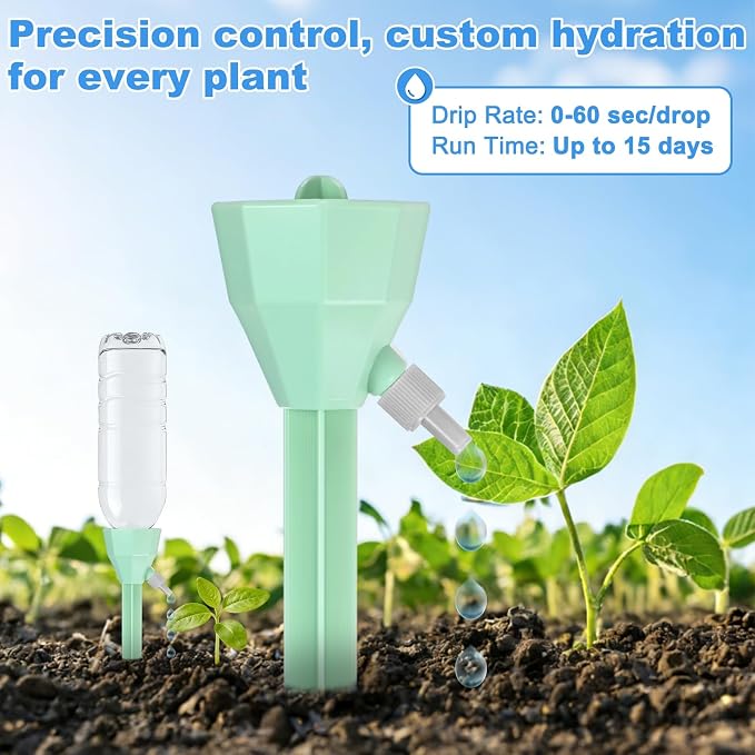 M METERXITY 4-Pack Self Watering Spikes for Plants, 5.3 Inch Plastic Plant Watering Devices with 4 Stoppers for Indoor/Outdoor Pots, Garden Water Planter System [Green]