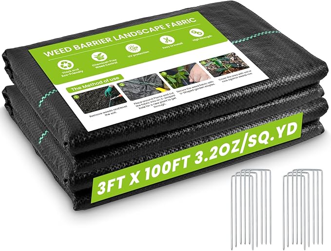 3x100FT Weed Barrier Landscape Fabric Heavy Duty(2 Pack 3x50FT), 3.2oz Garden Weed Block Ground Cover Mat, Garden Cloth Woven Geotextile Fabric for Landscaping,French Drains,Driveway,Gravel,Greenhouse