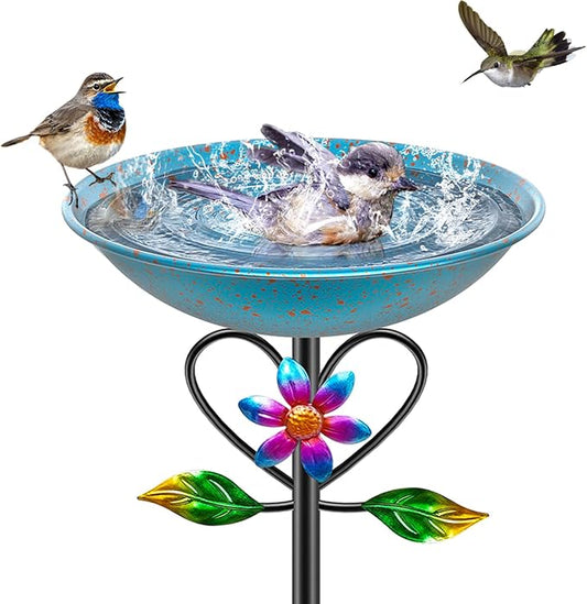 Vintage Metal Bird Bath for Outside, Standing Bird Feerder with Sunflower Love Decoration, Detachable Birdbaths Bowl for Outdoor Yard Lawn Garden Decor (A-Bule)