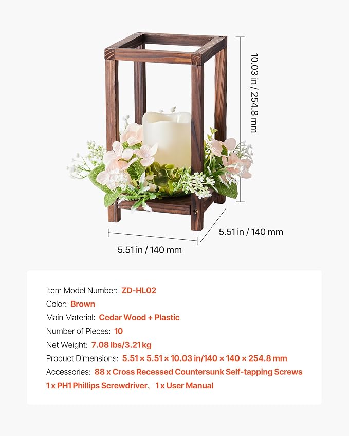 VEVOR 10 Set/30 Pcs Wooden Wedding Lantern Centerpiece, Includes 10 Wooden Lantern Candle Holder 10 Flameless LED Candle 10 Champagne Flower Wreath for Wedding Table Party Farmhouse Decor, Brown