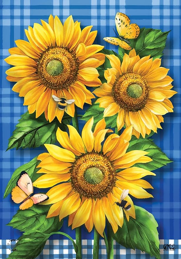 Briarwood Lane Blue Sunflowers Summer Garden Flag Plaid Floral 12.5" x 18"