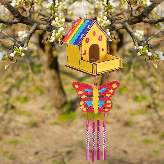 Feifeiya 24 Sets DIY Birdhouse Wind Chime Kit Build and Paint Birdhouses Wooden Arts 24 Unfinished Wooden Bird House 24 Wind Chime 38 Butterfly Sticker 24 Watercolor Arts for Activity(Classic)
